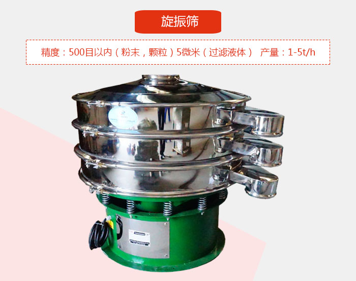 旋振篩精度：500目以內(nèi)（粉末，顆粒）5微米（過(guò)濾液體）產(chǎn)量：1-5t/h