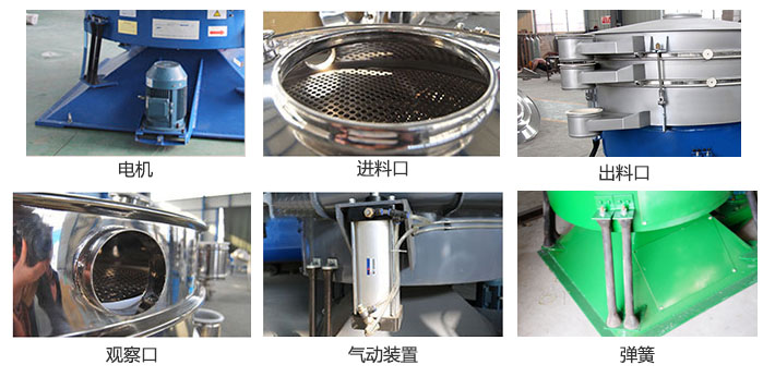 搖擺篩分機(jī)由進(jìn)料口，出料口，觀察口，電機(jī)，彈簧，氣動(dòng)裝置等部件組成