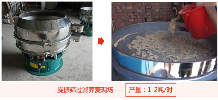 旋振篩過濾蕎麥現(xiàn)場，產(chǎn)量可達(dá)2噸每小時(shí)。