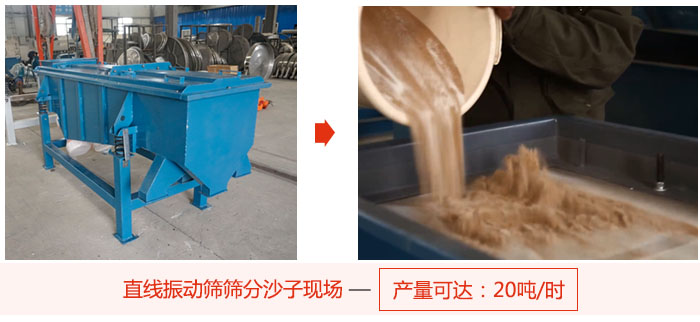 直線振動篩篩分沙子現(xiàn)場展示，產(chǎn)量高達(dá)20噸每小時(shí)。
