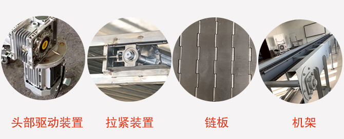鏈板輸送機(jī)結(jié)構(gòu)：頭部驅(qū)動裝置，拉緊裝置，鏈板，機(jī)架等圖片展示