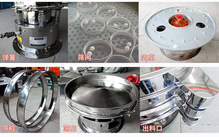細節(jié)展示：篩框，篩網(wǎng)，振動底座，振動體，出料口。